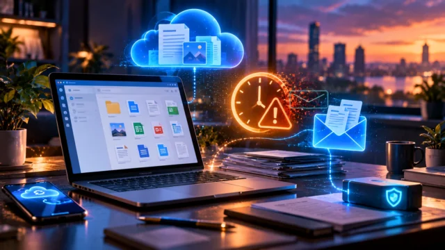 Business laptop with cloud files, glowing mail icon and interrupted email-delivery symbol illustrating Google Workspace MX record and Gmail receiving problems