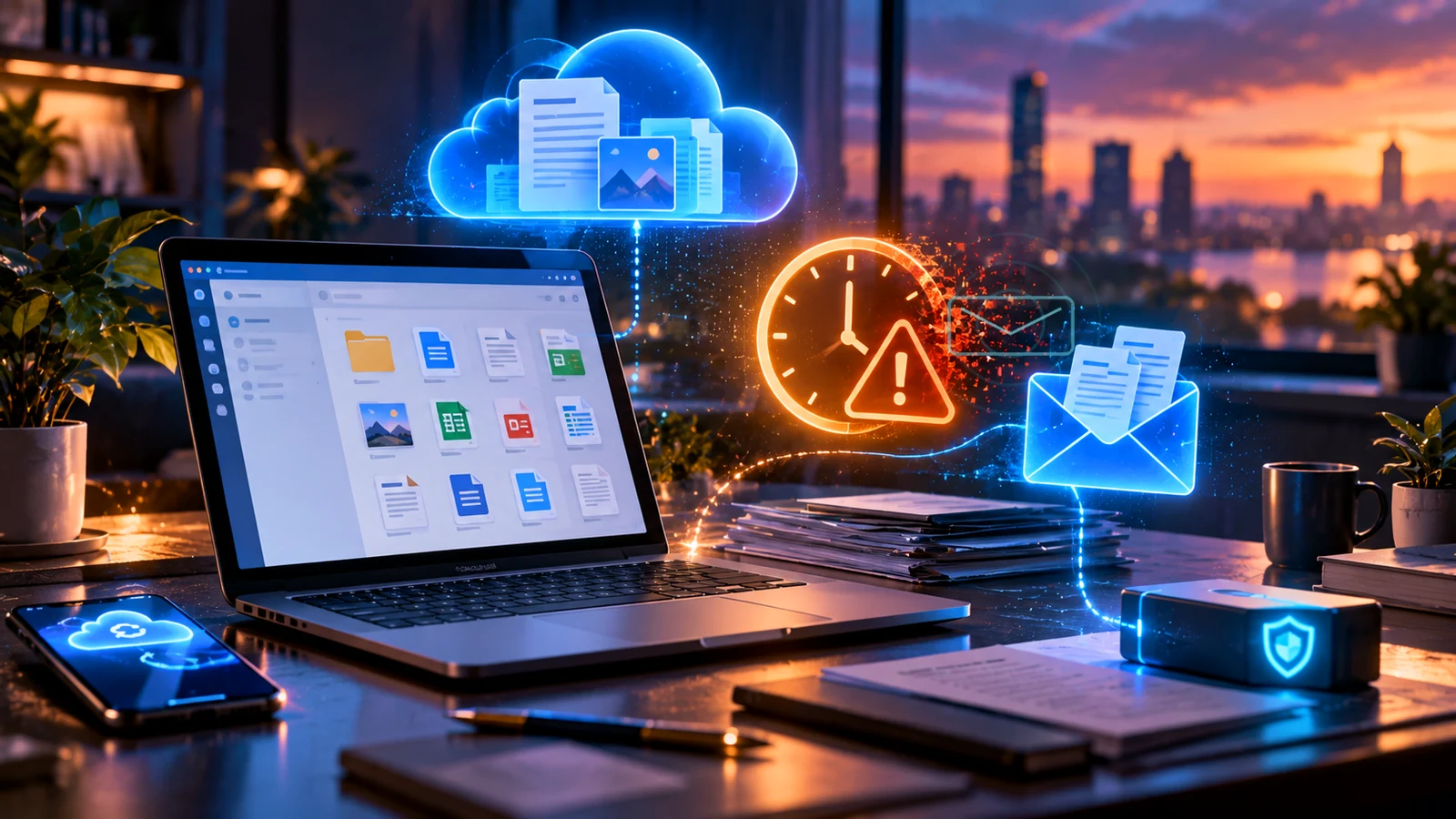 Google Workspace Email Not Receiving Messages: Fix MX Records, Gmail Delivery and DNS Errors 1 Business laptop with cloud files, glowing mail icon and interrupted email-delivery symbol illustrating Google Workspace MX record and Gmail receiving problems