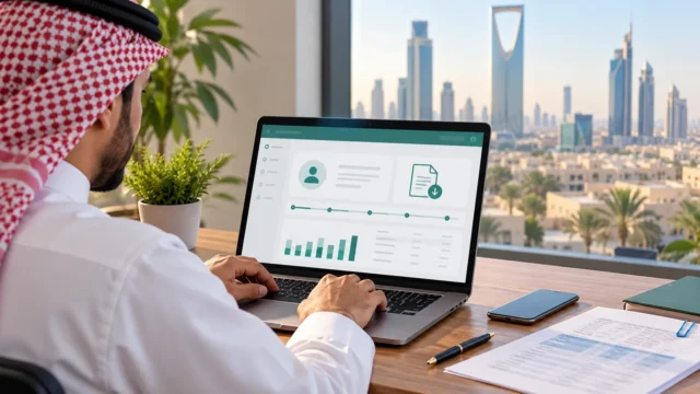 مستخدم في السعودية يراجع بيانات مدد الاشتراك والأجور على منصة إلكترونية قبل تنزيل شهادة التأمينات