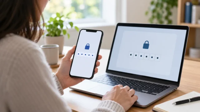 Person using a smartphone and laptop to enter a generic security code for an online account