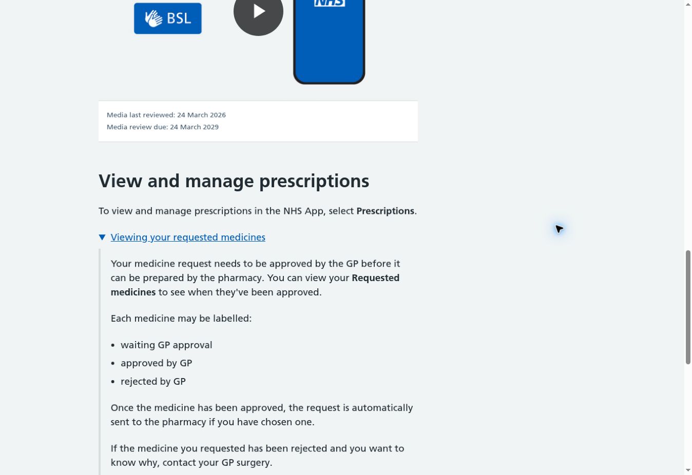 NHS App Prescription Not Showing? Check GP Approval, Pharmacy Status and Tracking 2 Actual NHS help-page screenshot explaining waiting for GP approval, approved by GP and rejected by GP