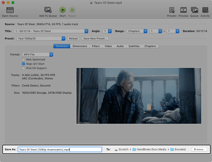 Original HandBrake documentation screenshot showing where to choose the converted video output filename and folder