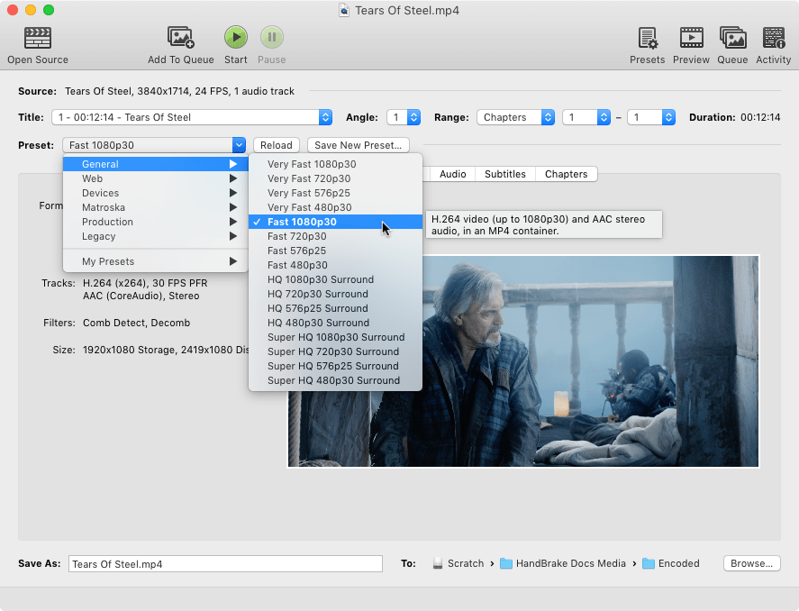 Original HandBrake documentation screenshot showing the preset selection controls in the older 1.1.0 interface
