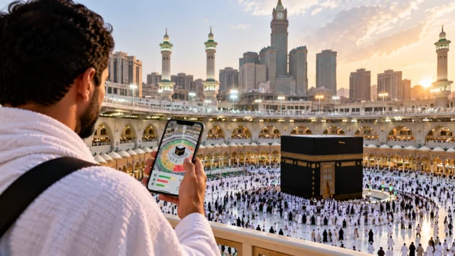معتمر يشاهد مؤشرًا تصوريًا لكثافة الطواف على هاتفه أمام الكعبة المشرفة في المسجد الحرام