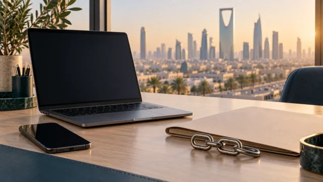 حاسوب وهاتف وملف مستندات وحلقات سلسلة ترمز إلى ربط بيانات التأمين أمام أفق الرياض