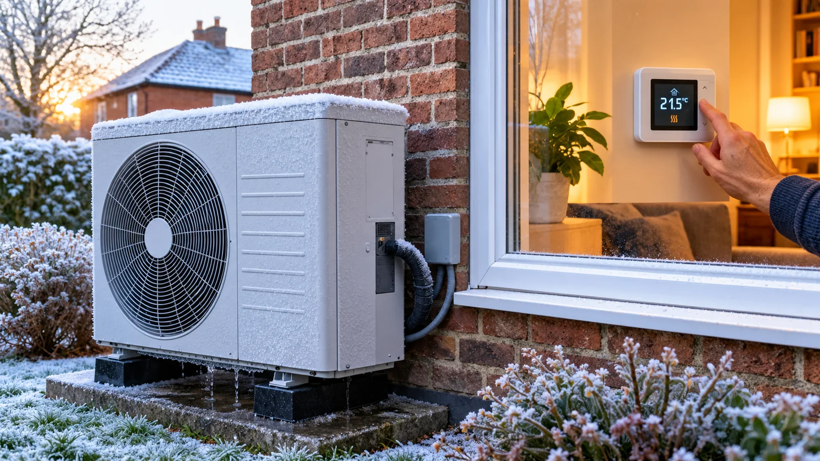 Why Your Heat Pump Runs Constantly in Winter — Normal or a Problem? 1 Outdoor air-source heat pump operating in snowy winter weather beside a brick home, with a thermostat inside (AI-generated illustration)