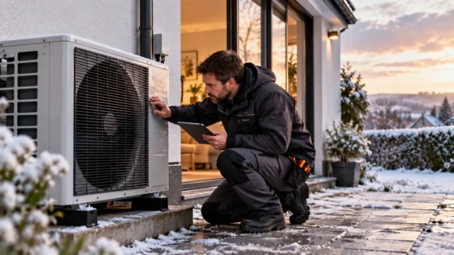 Technician inspecting outdoor air source heat pump beside a home during cold winter weather