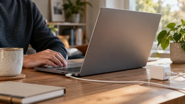 Unbranded laptop connected to an intact charging cable and power adapter on a home desk