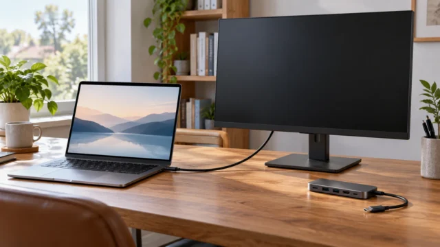 Laptop with an abstract landscape beside a blank external monitor and a disconnected dock