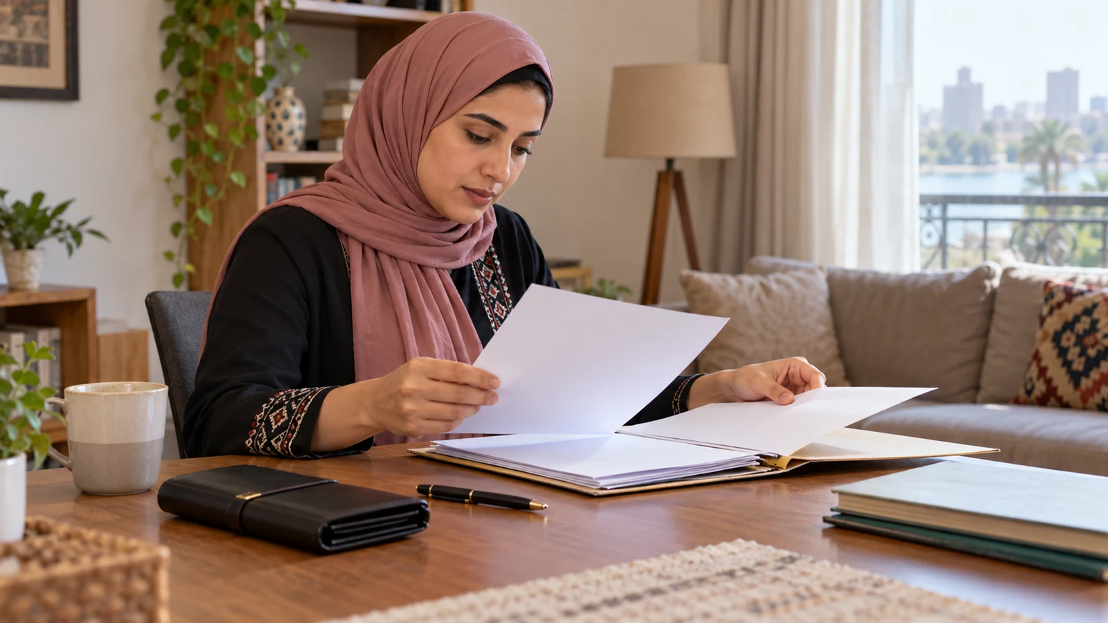 صرف النفقة من بنك ناصر: الأوراق المطلوبة وخطوات التقديم ومتابعة التأخير 1 سيدة مصرية ترتب أوراقًا داخل ملف على مكتب منزلي استعدادًا لمراجعة خدمة رسمية