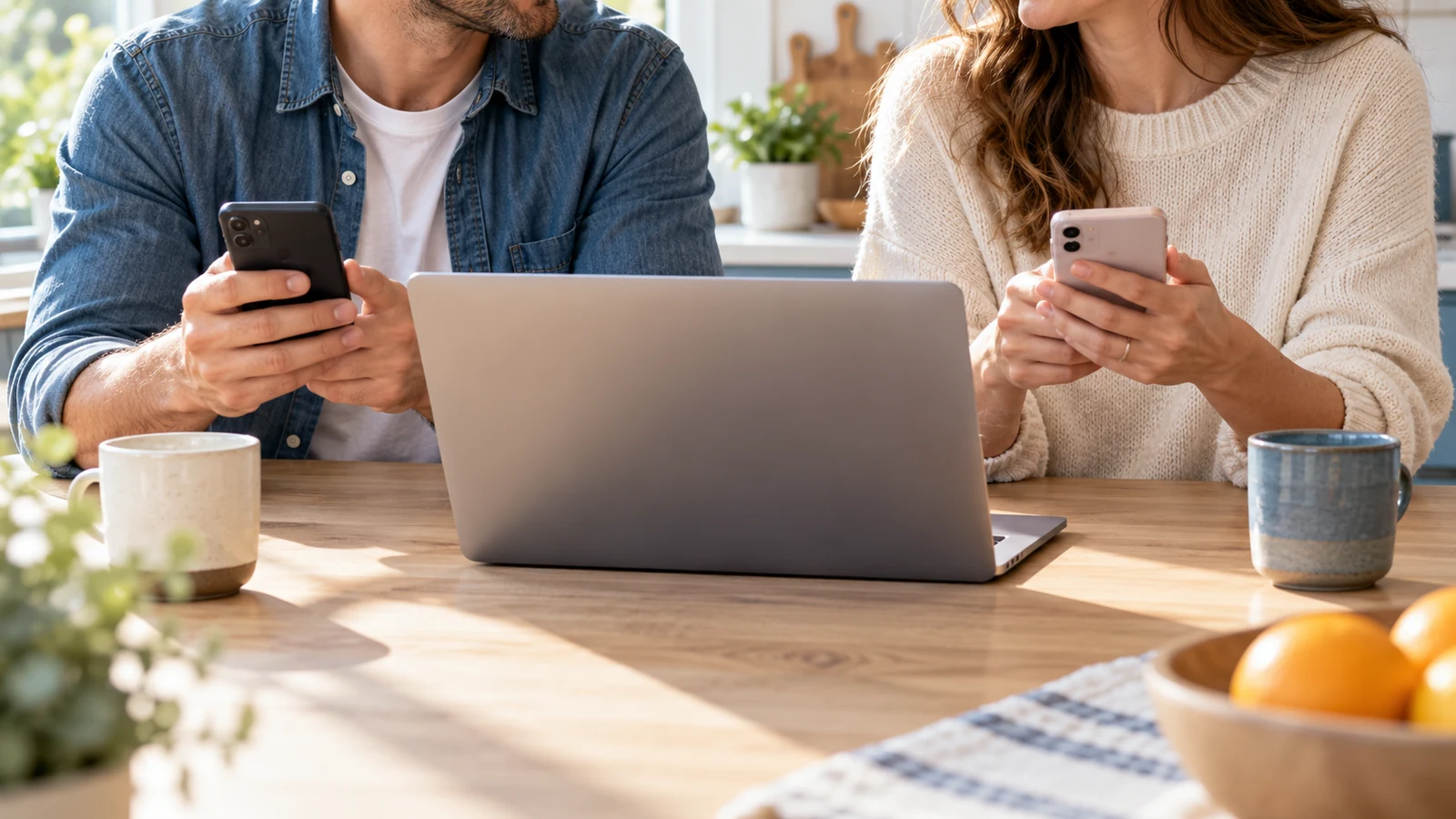 Two adults checking separate smartphones beside a laptop at a kitchen table