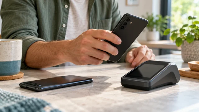 Person holding a replacement Android phone beside an older phone and an inactive payment terminal