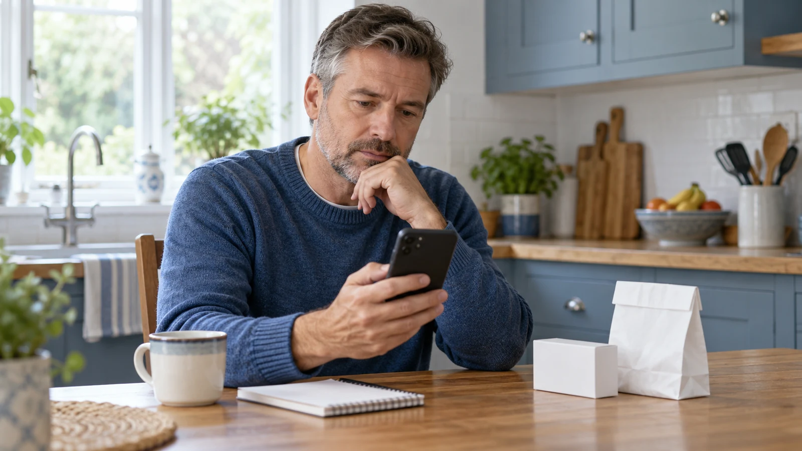 NHS App Prescription Not Showing? Check GP Approval, Pharmacy Status and Tracking 1 Adult checking a phone beside an unmarked pharmacy bag and closed medicine carton at a kitchen table