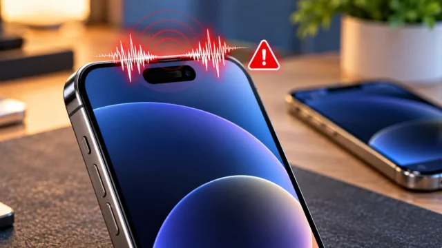 Illustration of a phone earpiece with sound waves and a warning symbol