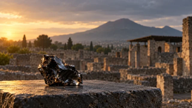 Conceptual illustration of a glossy black fragment near ancient Roman ruins and Mount Vesuvius, illustrating the Herculaneum glass brain story