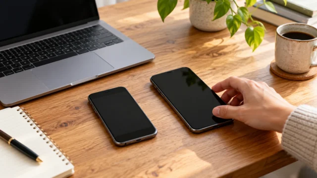Two unbranded smartphones beside a laptop on a home desk during a careful phone upgrade