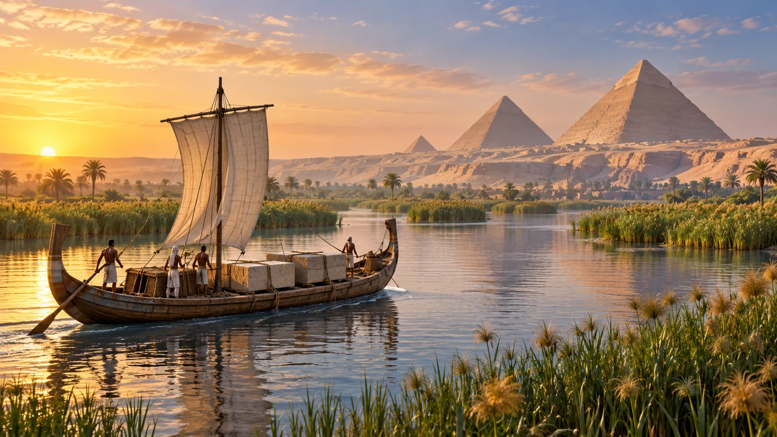 The Lost Ahramat Nile Branch: How Did Ancient Egyptians Transport Stone to the Pyramids? 1 Illustrative reconstruction of a boat carrying stone blocks along a waterway near the pyramids of ancient Egypt