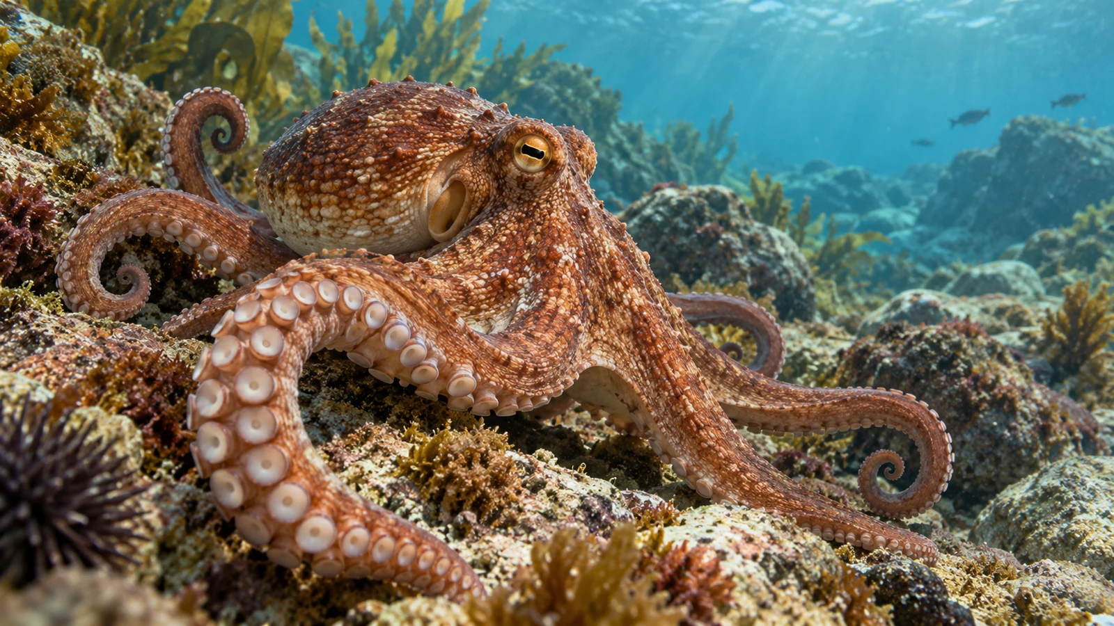 Can Octopus Arms Think for Themselves? What the Science Shows 1 Illustration of an octopus exploring a rocky seafloor with curling arms