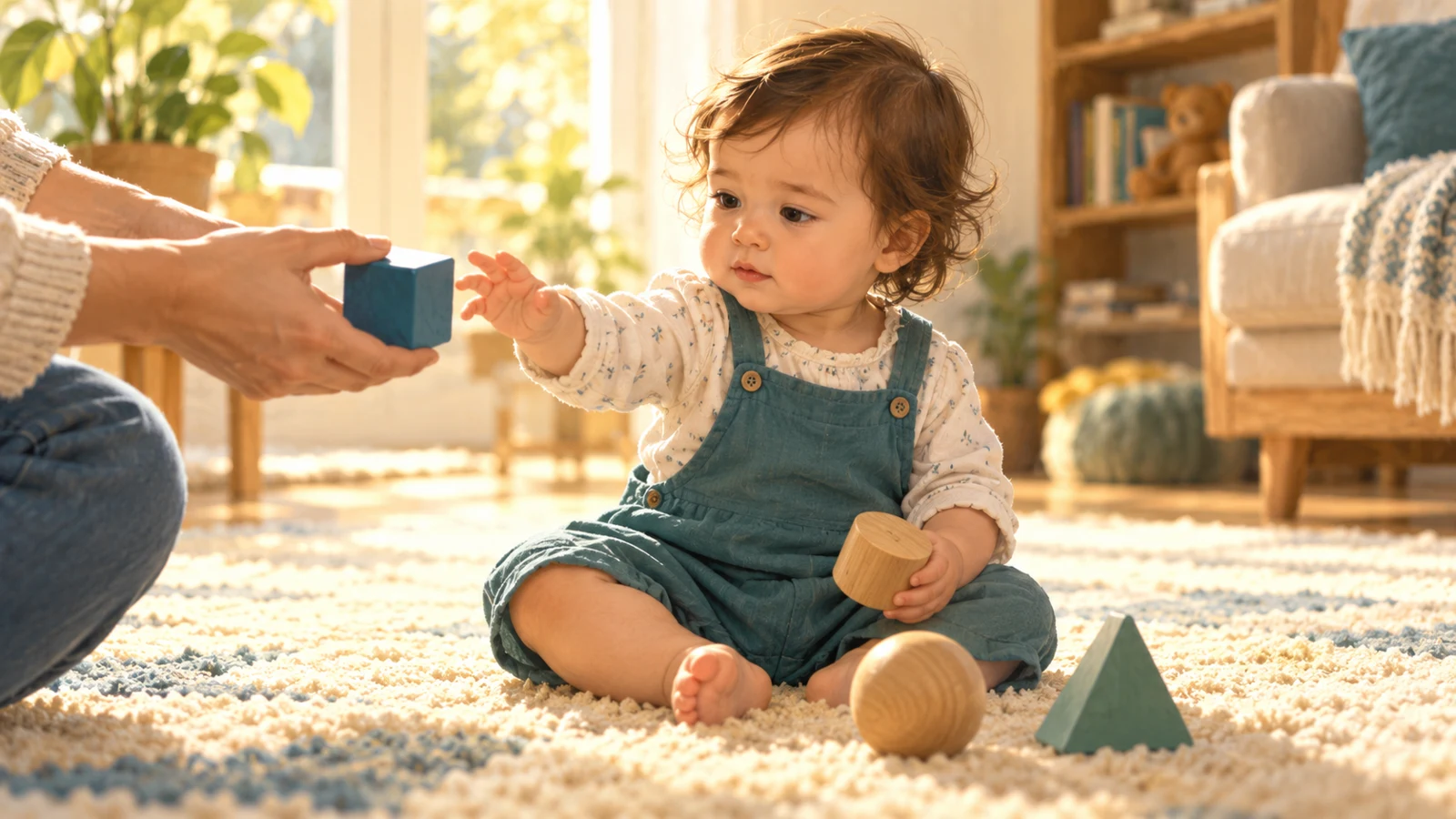 Editorial illustration of a toddler exploring wooden toys beside a parent