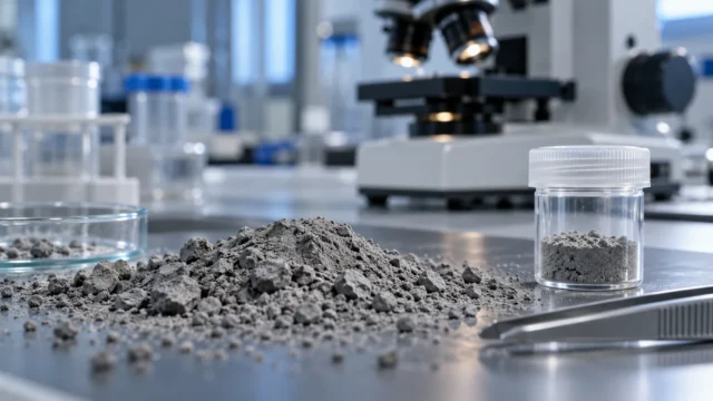 Conceptual laboratory scene with ordinary gray mineral grains, a sample container and a microscope