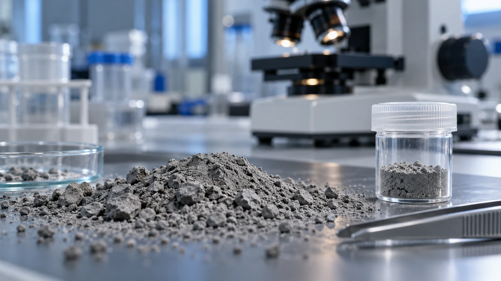 Could Moon Dust Hold Traces of Alien Technology? What Scientists Propose—and Haven’t Found 1 Conceptual laboratory scene with ordinary gray mineral grains, a sample container and a microscope