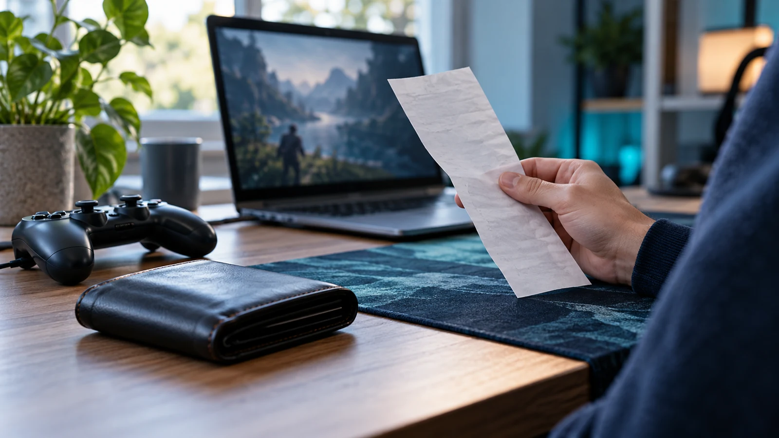 Steam Refund Approved but Not Received? Check Your Bank, Wallet and Payment Status 1 Person reviewing a blank receipt beside a gaming laptop, controller and wallet