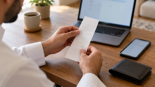 مراجعة إيصال دفع بجوار حاسوب وهاتف على مكتب منزلي