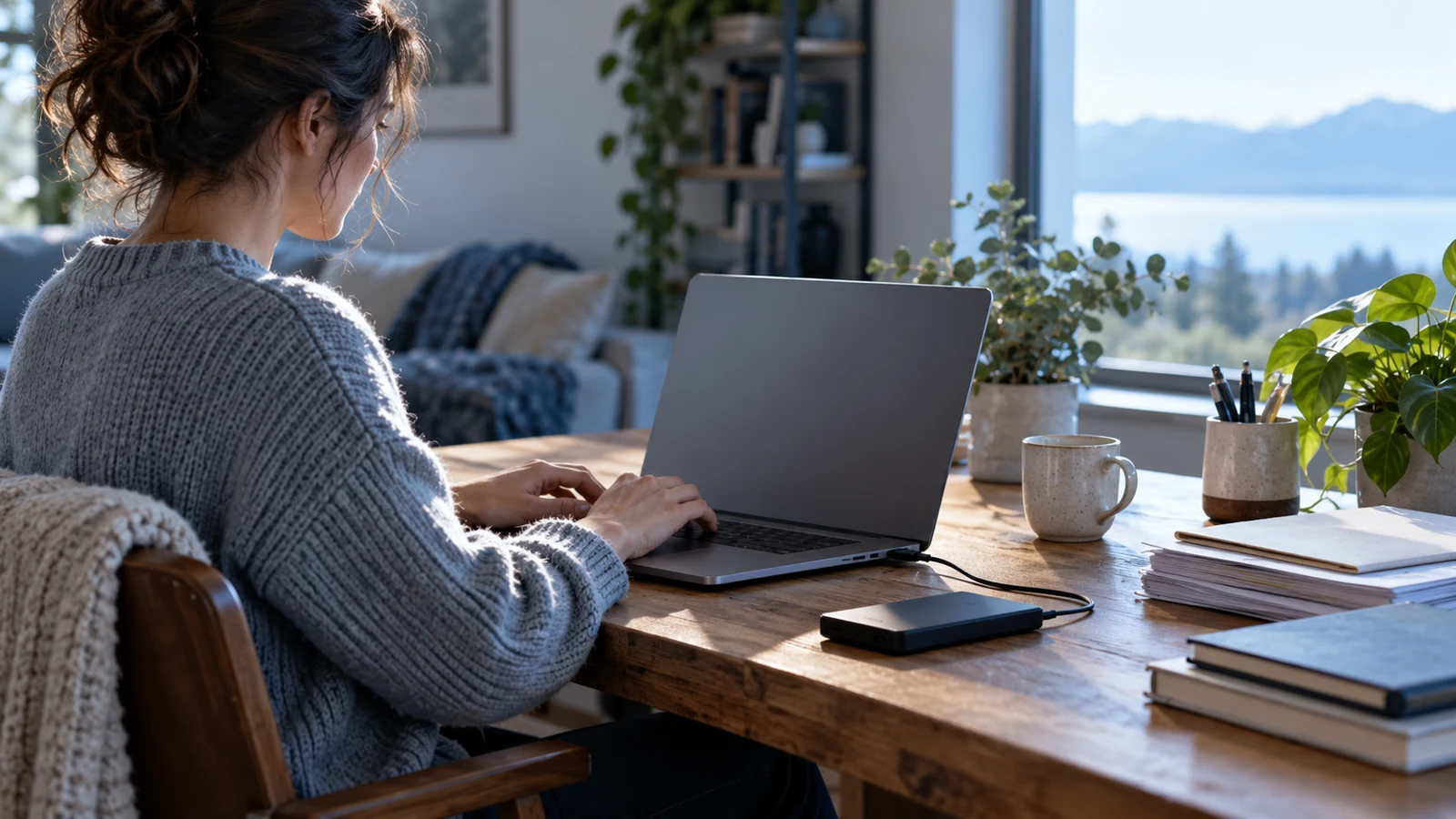 Person carefully working on a laptop beside an external backup drive at a home desk