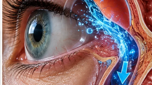 A close-up human eye blended with a scientific illustration of fluid drainage behind the retina