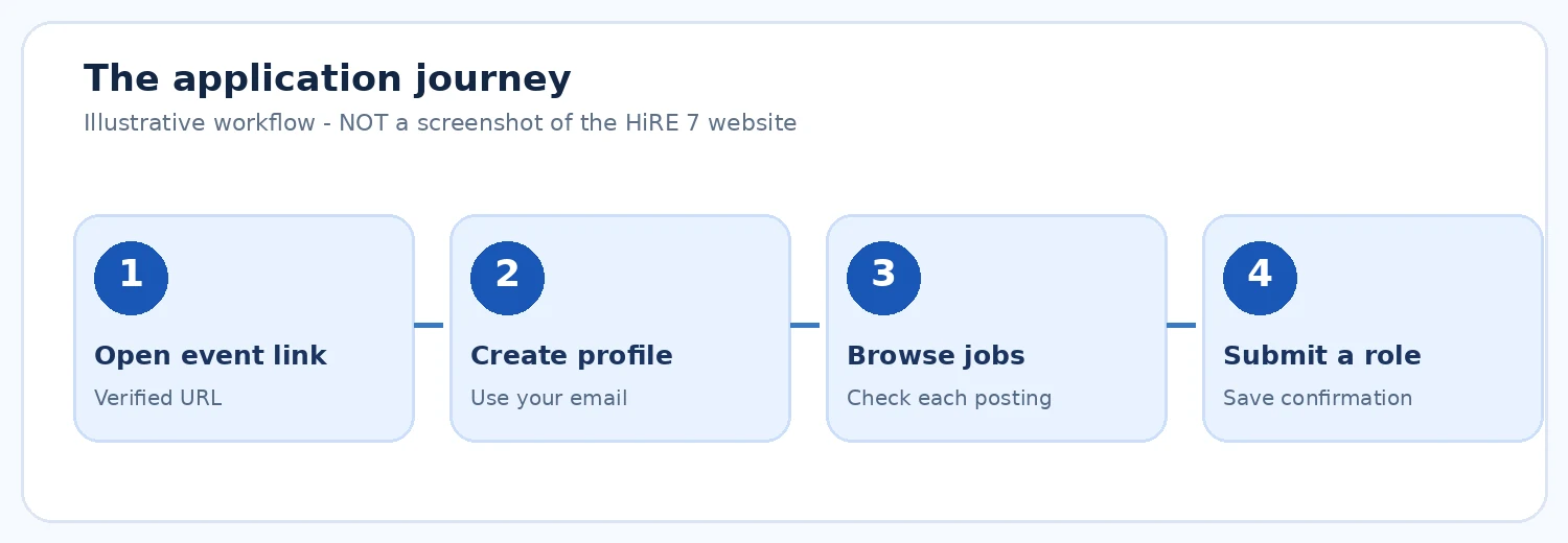ملتقى هواوي للتوظيف HiRE 7: رابط التقديم على 2000 فرصة عمل وخطوات التسجيل 2 مخطط توضيحي أصلي لمراحل الانتقال من رابط الملتقى إلى الملف الشخصي واستعراض الوظائف وإرسال الطلب، وليس لقطة شاشة للمنصة