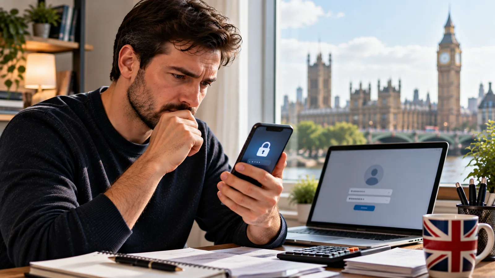 British taxpayer troubleshooting HMRC sign-in on a smartphone and laptop in a London home office