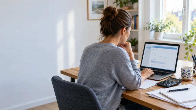 Person preparing a UK Self Assessment tax return online on a laptop with papers and a calculator