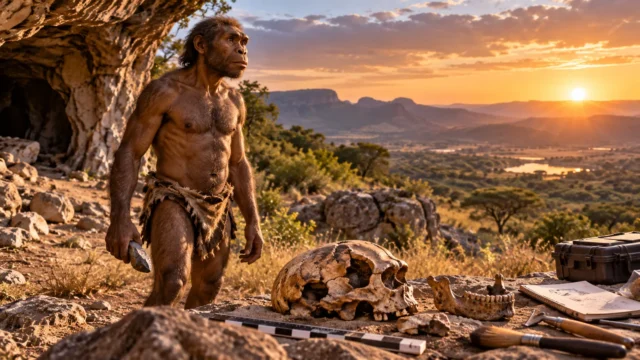 Reconstruction of an early Homo erectus near a South African cave excavation with fossil skull and stone tools