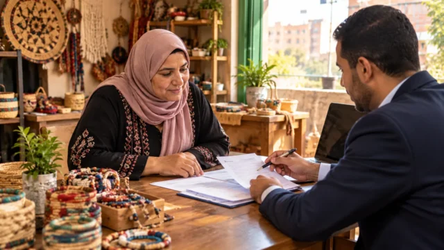 صاحبة مشروع حرفي صغير تراجع مستندات التمويل مع موظف داخل ورشة منتجات يدوية