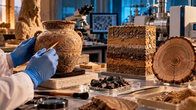 Archaeology laboratory with an ancient pottery vessel, stratified soil sample, wood rings and charcoal prepared for scientific dating