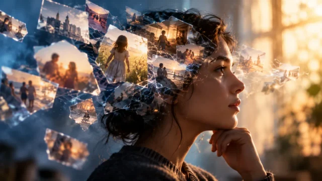 A person reflecting as fragmented scenes and vivid childhood memory images float around them.