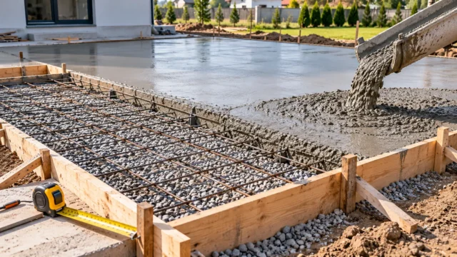 Fresh concrete being poured into a reinforced slab form during construction