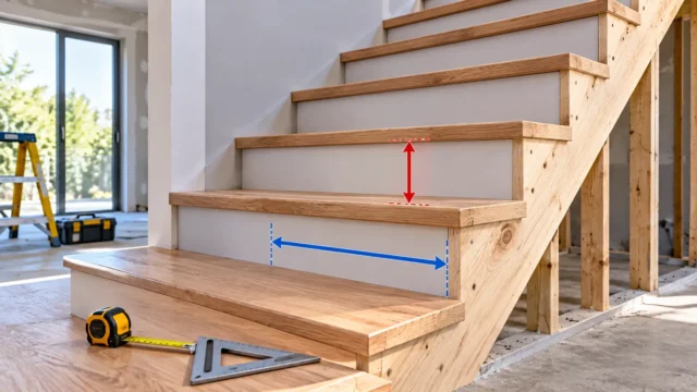 Wooden staircase under construction showing stair rise and tread run measurements
