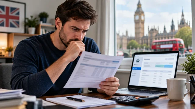 UK taxpayer reviewing a payslip and HMRC account on a laptop in a London home office