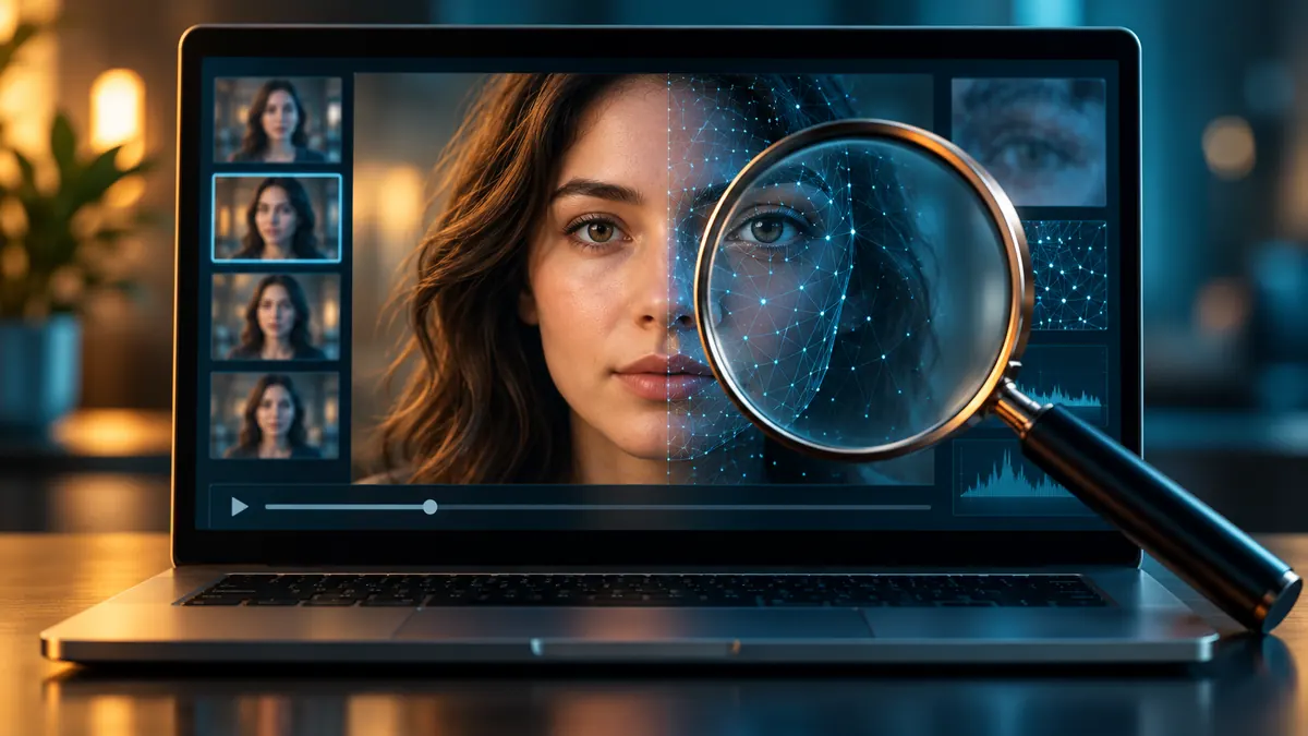 كيف تميز فيديو الذكاء الاصطناعي من الحقيقي؟ خطوات للتحقق 1 تصور توضيحي لفحص وجه رقمي على شاشة لتمييز فيديو الذكاء الاصطناعي
