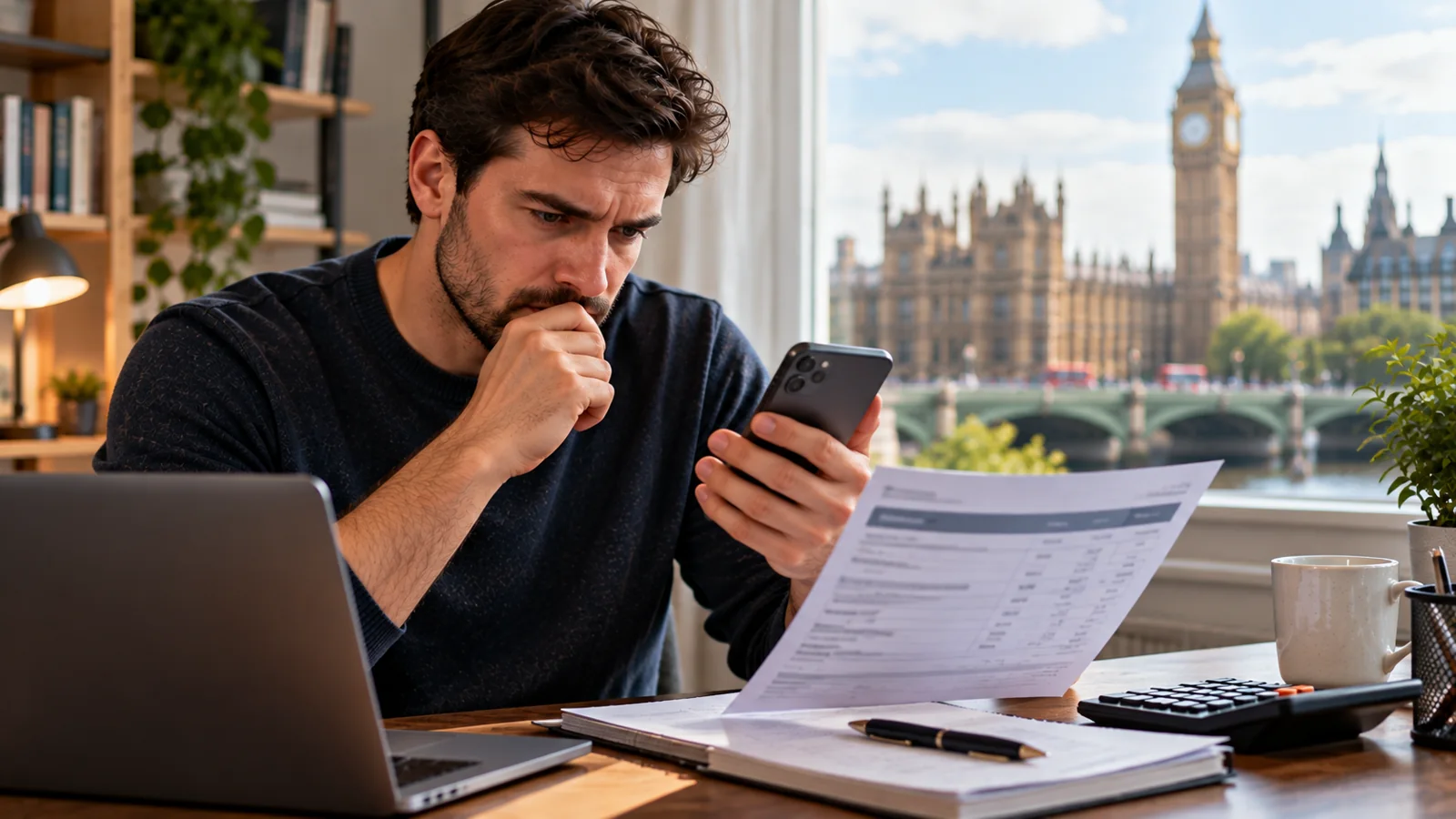 Person in a London home office checking a smartphone and payslip to recover a lost National Insurance number