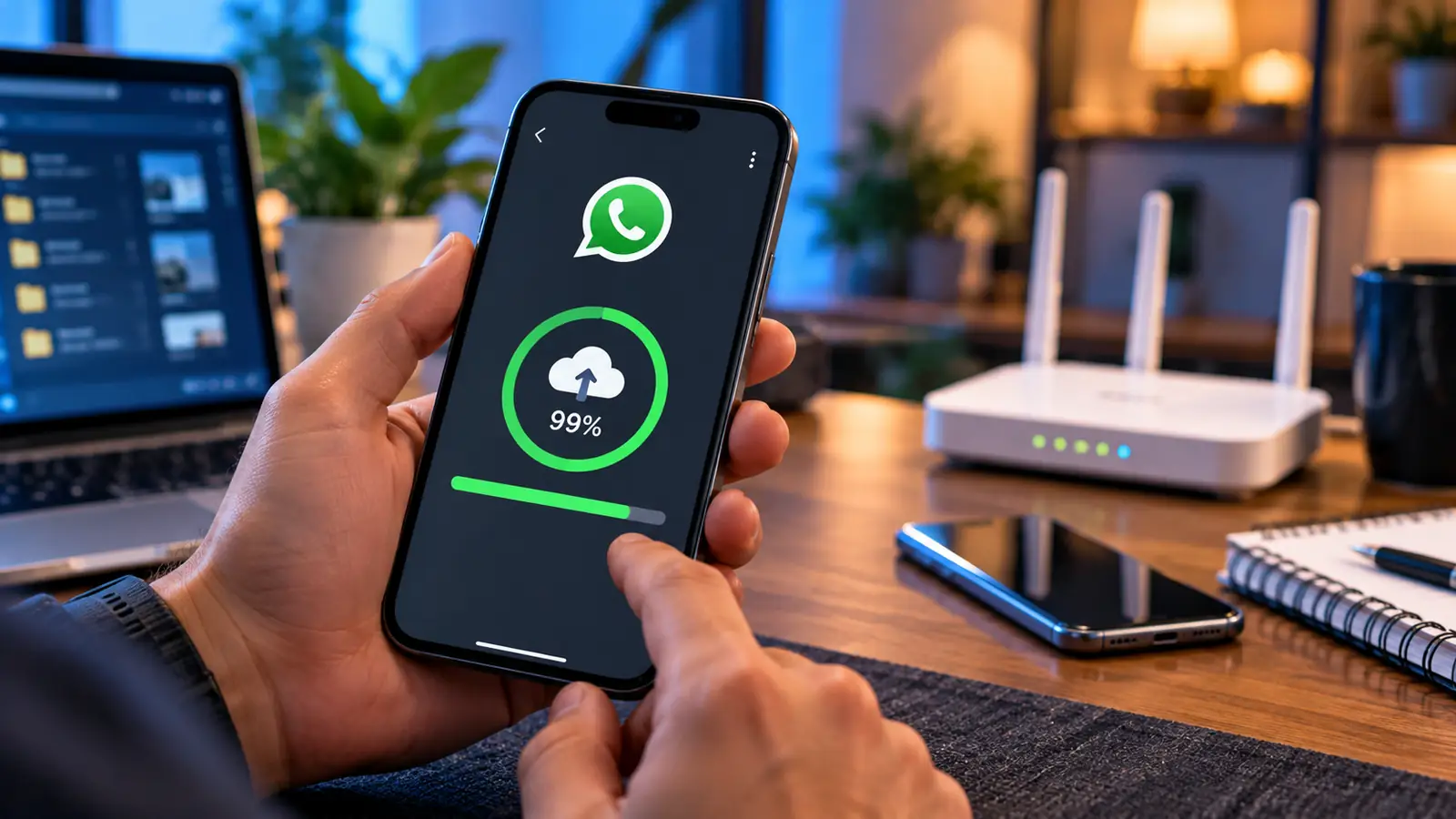 Smartphone displaying a WhatsApp-style cloud backup at 99 percent next to laptop and Wi-Fi router