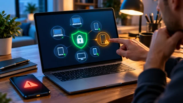 شخص يراجع لوحة أمان حساب Google على لابتوب مع تمييز جهاز هاتف غير معروف وإشعار أمني