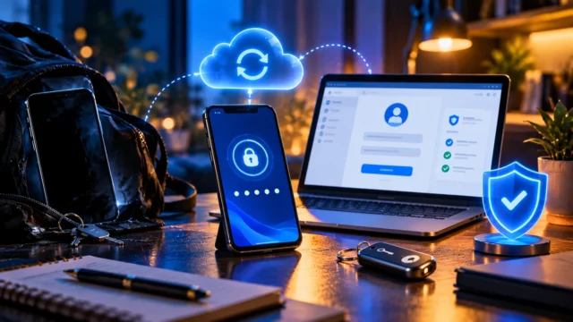 Lost smartphone next to a replacement phone showing a security lock, backup key and holographic cloud sync illustrating Google Authenticator recovery