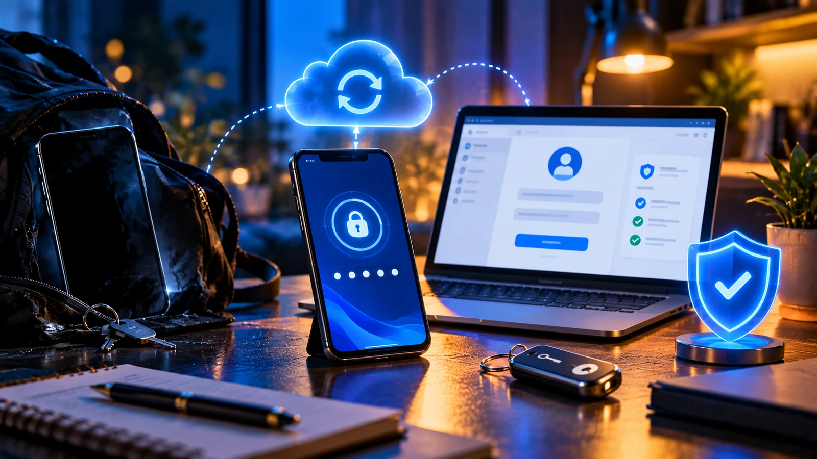 How to Recover Google Authenticator Codes After Losing Your Phone 1 Lost smartphone next to a replacement phone showing a security lock, backup key and holographic cloud sync illustrating Google Authenticator recovery