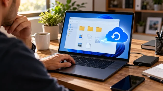 Laptop showing cloud file restoration and missing folders in a Windows workspace
