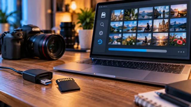 SD card beside a laptop showing recovered photo thumbnails and a camera on a desk