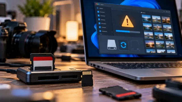 SD and microSD memory cards beside a laptop showing a file recovery interface and warning symbol