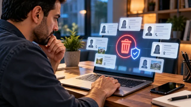 Person reviewing personal data deletion and privacy controls on a laptop