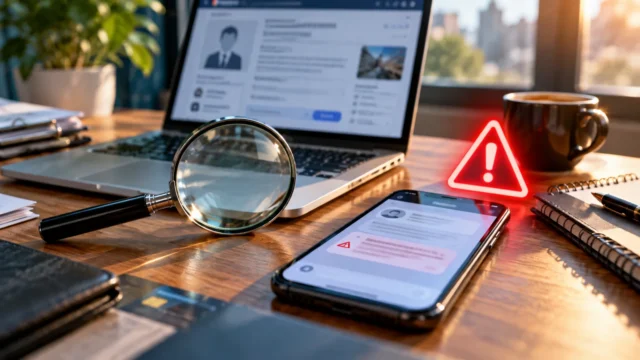 Illustrative AI-generated scene of a laptop, phone, magnifying glass and fraud warning symbol representing online job offer scams